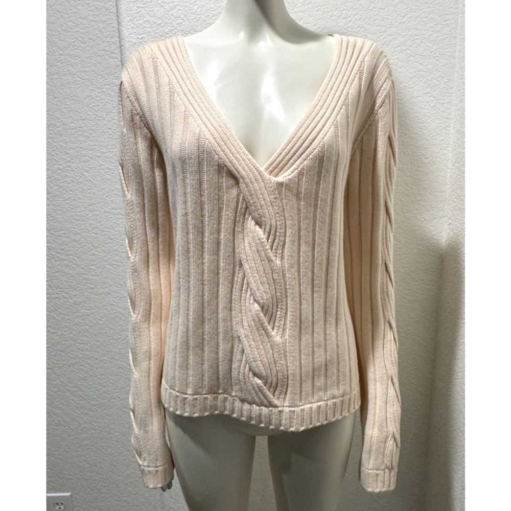 NWT St John Sport Cashmere Sweater Sz L Pullover V Neck Cable Knit Ribbed Ivory